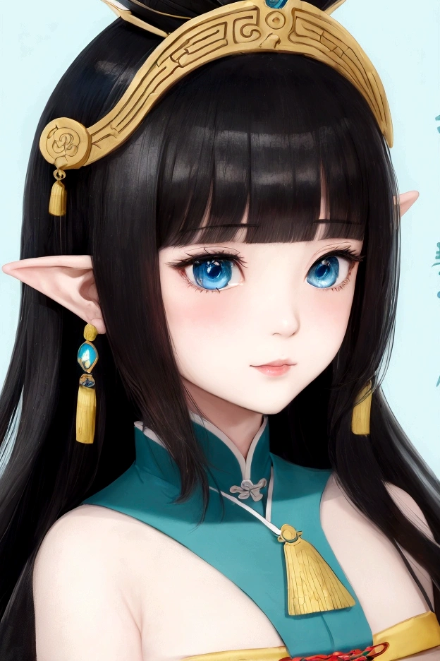 A Gongbi drawing，The picture shows a Chinese cartoon girl with black hair，Song Dynasty Style，Exquisite headdress，Cute face，A beautiful artistic illustration, Close-up of Mei Qing&#39;s detailed paintings,Ukiyo-e,Cartoon lithograph style，Extremely minimalist portrait，Rich details，Clear lines，Elf dark blue and light cyan，Matte light green background