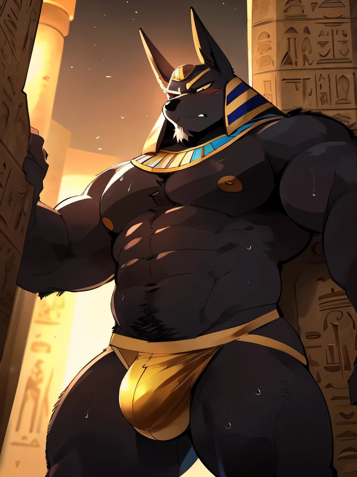 Muscular, male, furry, fluffy, Covered scars, bare chest, hot, (wet and sweaty: 1.3), abs, wide body, egyptian jewelry, egyptian armor, Looking at viewers, thick beard , (bara pecs: 1.1), anthro jackal, anubis mask, blushing, black body, black furr chest, wide body, (big chest: 1.3) , thick thighs, (arms against wall: 1.1), inside egyptian tombs, jockstrap, (bulge: 1.1), precum drip, barely visible genitals, detailed genitals outline, intimidating defiant expression, looking down, gold nipples ring, dark dramatic lighting, night, low angle, dutch angle, by hyaku , by darkgem
