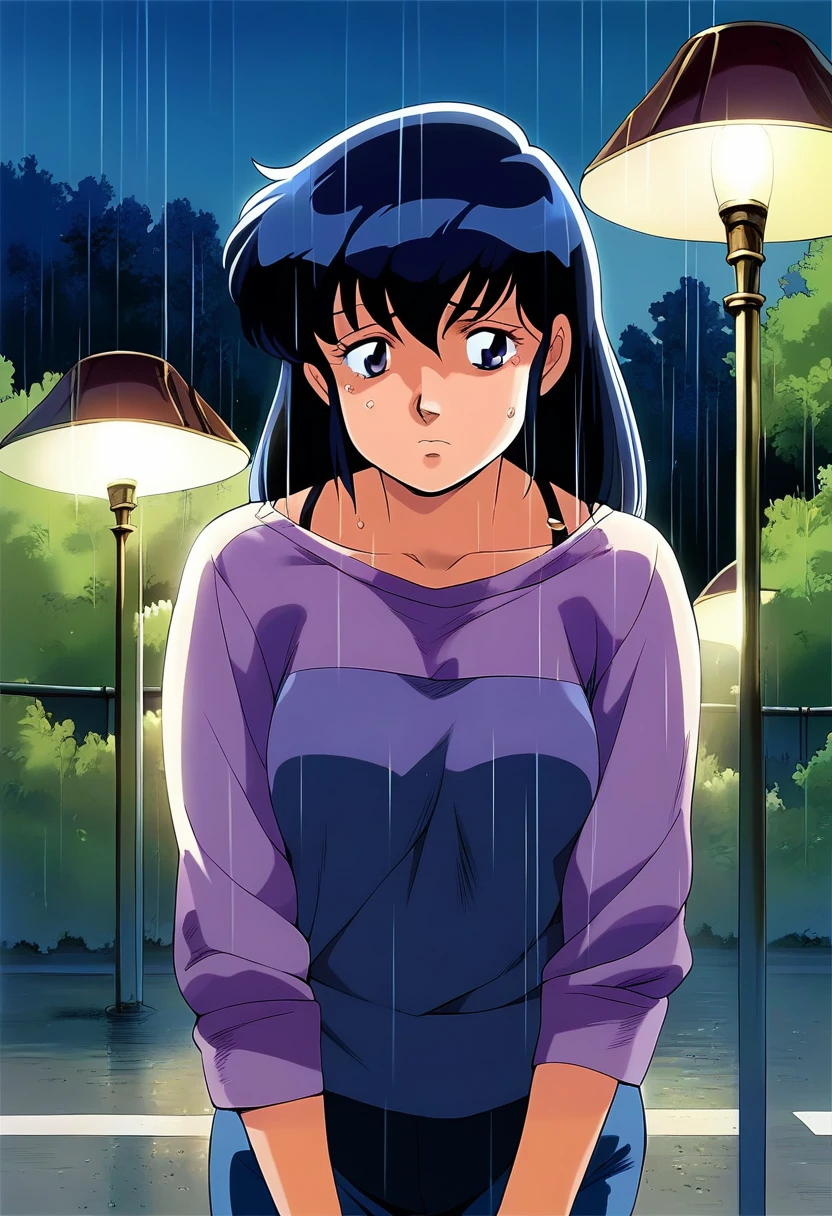 Kyoko,score_9,score_8_superior,score_7_superior,sauce_anime,One girl,alone,View your viewers,countryside,in the forest,asphalt paved,paved,lamp post,soaked,Grey Sky,Rain,Black underwear,cowboy_shot,Front view,Are standing,Sad face,:d,arms_behind_return,