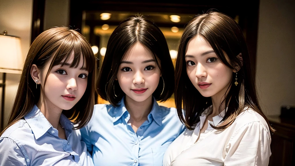 ((super high quality、High resolution、masterpiece、 Anatomically correct、Super detailed photos、Ultra-realistic photos、 Highest quality))、(3girls)、Group photo、looking at viewer、natural lighting、(Portrait Photography)、(White business shirt:1.2)、(from front)、(huge breast)、Light blue formal shirt、tight-fitting、Black Pencil Skirt、Small waist、Large Breasts、Detailed face、Perfect figure、Brown medium hair、Luxury hotel room at night、