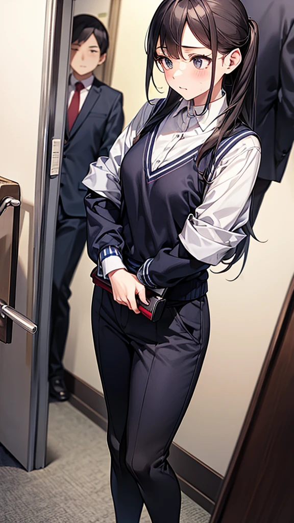 highest quality、One Girl And One Middle Aged Man,full body figure、10 years old、Perfect five-finger、perfect legs、perfect legs、Tachibana Arisu、 perfect thing、detailed description、small details、detailed face、mini skirt、brown_hair, long_hair, brown_eyes, bow, hair_bow, upper_body, blue_bow, closed_mouth, bangs、White panties、whitepanty、I can see your panties、school uniform、high school uniform、on the train、On the train、back view、man touches girl's butt、A guy grabs a girl's ass