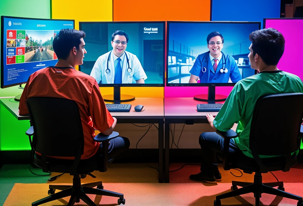 two men in full body sitting dressed as doctors in chairs gamers playing video games on their computers gamers, with bright background colors and illuminated, I want you to see the computers , with a panoramic view from behind Minimum image size: 1280x700px

