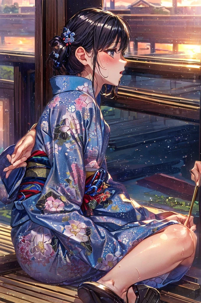 ((Wearing a long-hemmed long yukata, on top of a hill, bright sky, sitting, looking into the distance, Japanese countryside)),, (((solo))), Masterpiece,(share),One cute girl, Highest quality,High resolution,High resolution,Highly detailed CG,8K Unit Wallpaper,17 years old,Beautiful attention to detail,small Breasts,Biomechanical OPPAI,No sleeve,,(Shiny body:1.3),Open your mouth, blush, Sweat,Embarrassed,sexy