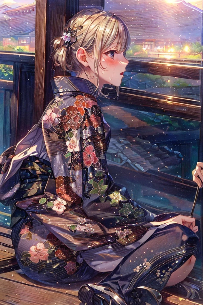 ((Wearing a long-hemmed long yukata, on top of a hill, bright sky, sitting, looking into the distance, Japanese countryside)),, (((solo))), Masterpiece,(share),One cute girl, Highest quality,High resolution,High resolution,Highly detailed CG,8K Unit Wallpaper,,Beautiful attention to detail,small Breasts,Biomechanical OPPAI,No sleeve,,(Shiny body:1.3),Open your mouth, blush, Sweat,Embarrassed,sexy