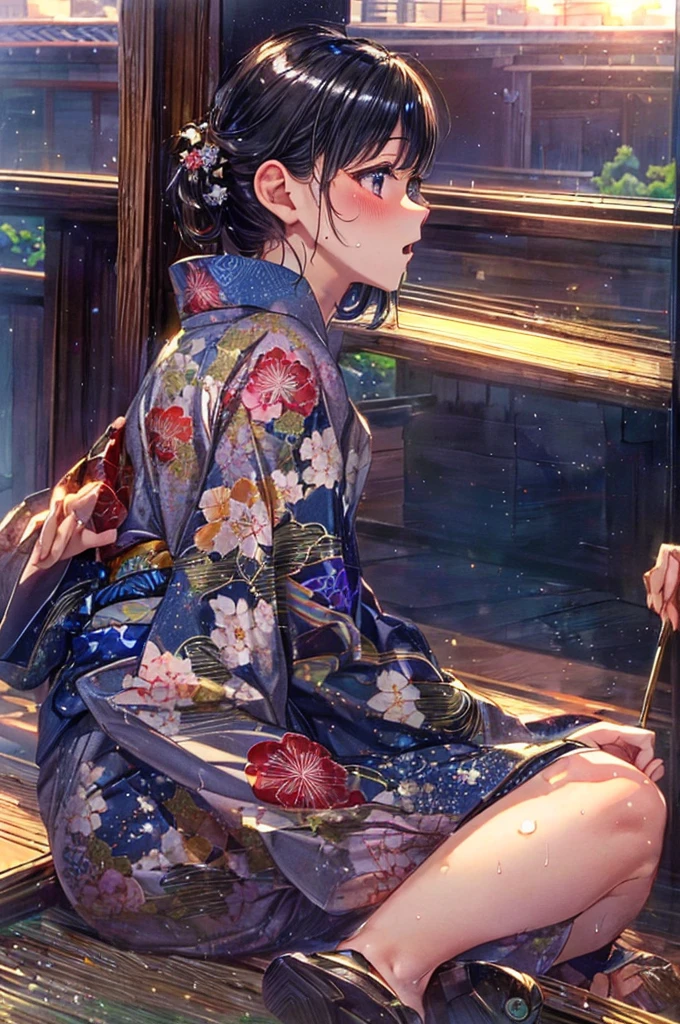((Wearing a long-hemmed long yukata, on top of a hill, bright sky, sitting, looking into the distance, Japanese countryside)),, (((solo))), Masterpiece,(share),One cute girl, Highest quality,High resolution,High resolution,Highly detailed CG,8K Unit Wallpaper,,Beautiful attention to detail,small Breasts,Biomechanical OPPAI,No sleeve,,(Shiny body:1.3),Open your mouth, blush, Sweat,Embarrassed,sexy