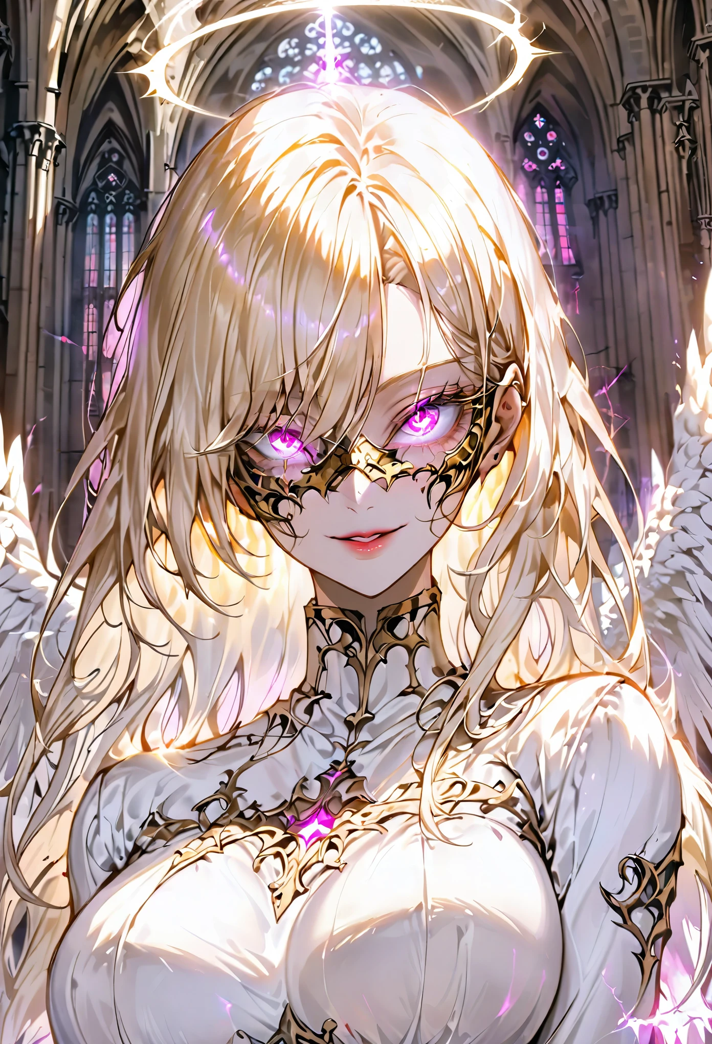 solo, female, huge woman, long silky blonde hair, iron eye mask covering her eyes, smile, white wings, large breasts, angel, pale skin, glowing halo, glowing hair, cathedral, tall woman, close up, pink lips, parted lips, majestic, glowing aura