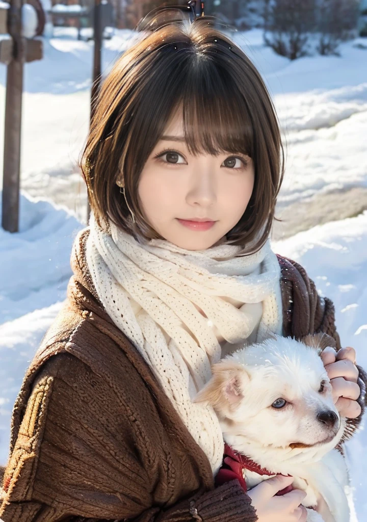 Being with a dog、Bonfire、Hair blowing in the wind、Medium Short Hair、Fluffy scarf、Expressing the whiteness of one's breath、Photo from the waist up、Night city illumination shot、Cowgirl Shot、Fur coat、豪華なグレーのミンクのFur coat、Wear fine leather boots、Luxury Bags、Inner turtleneck、Silver necklace and small silver earrings Millionaire style:1.4))、Full body photo、smile、 Caustics、Highly detailed photos、Very beautiful woman 、Ample breasts、No makeup、(8K、RAW Photos、Highest quality、masterpiece:1.2)、(Realistic、Realistic)、1 Girl、((Medium Short Hair、Midwinter、Cold region Snow falling、The wind is blowing、Fluttering Hair、Blur the background、Colorful illuminations、Looking into the camera:1.4))、