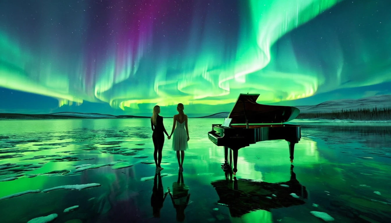 A mysterious and enchanting scene with one piano placed on the water under a sky full of aurora borealis. ((A beautiful woman is standing in front of the piano.)) The water surface reflects the view of the Northern Lights and is surrounded by silence. The piano is lit up and looks even more divine.
