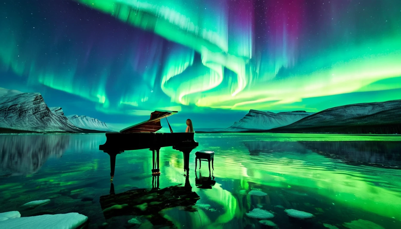 A mysterious and enchanting scene with one piano placed on the water under a sky full of aurora borealis. ((A beautiful woman is standing in front of the piano.)) The water surface reflects the view of the Northern Lights and is surrounded by silence. The piano is lit up and looks even more divine.
