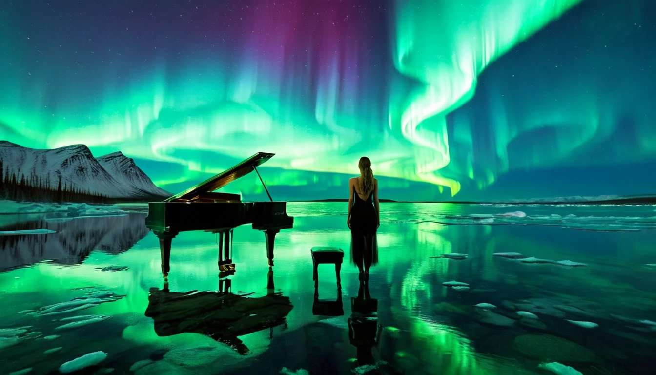 A mysterious and enchanting scene with one piano placed on the water under a sky full of aurora borealis. ((A beautiful woman is standing in front of the piano.)) The water surface reflects the view of the Northern Lights and is surrounded by silence. The piano is lit up and looks even more divine.
