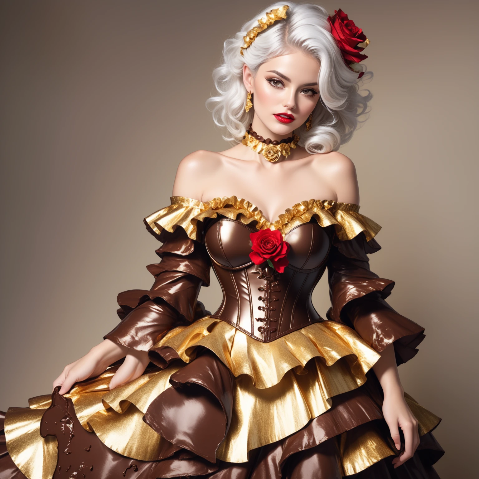 adult mature woman, beautiful, high quality, best quality, highres, high detail, dr3ss, corset, dress (crinkled gold foil:1.2) frills, ribbon ((white hair)) hair, delicious, ornate (choker) off shoulder, layered gown, rose (chocolate brown lips) hair flower, chest bow, large breasts, cleavage, breasts apart (((melted chocolate theme)))