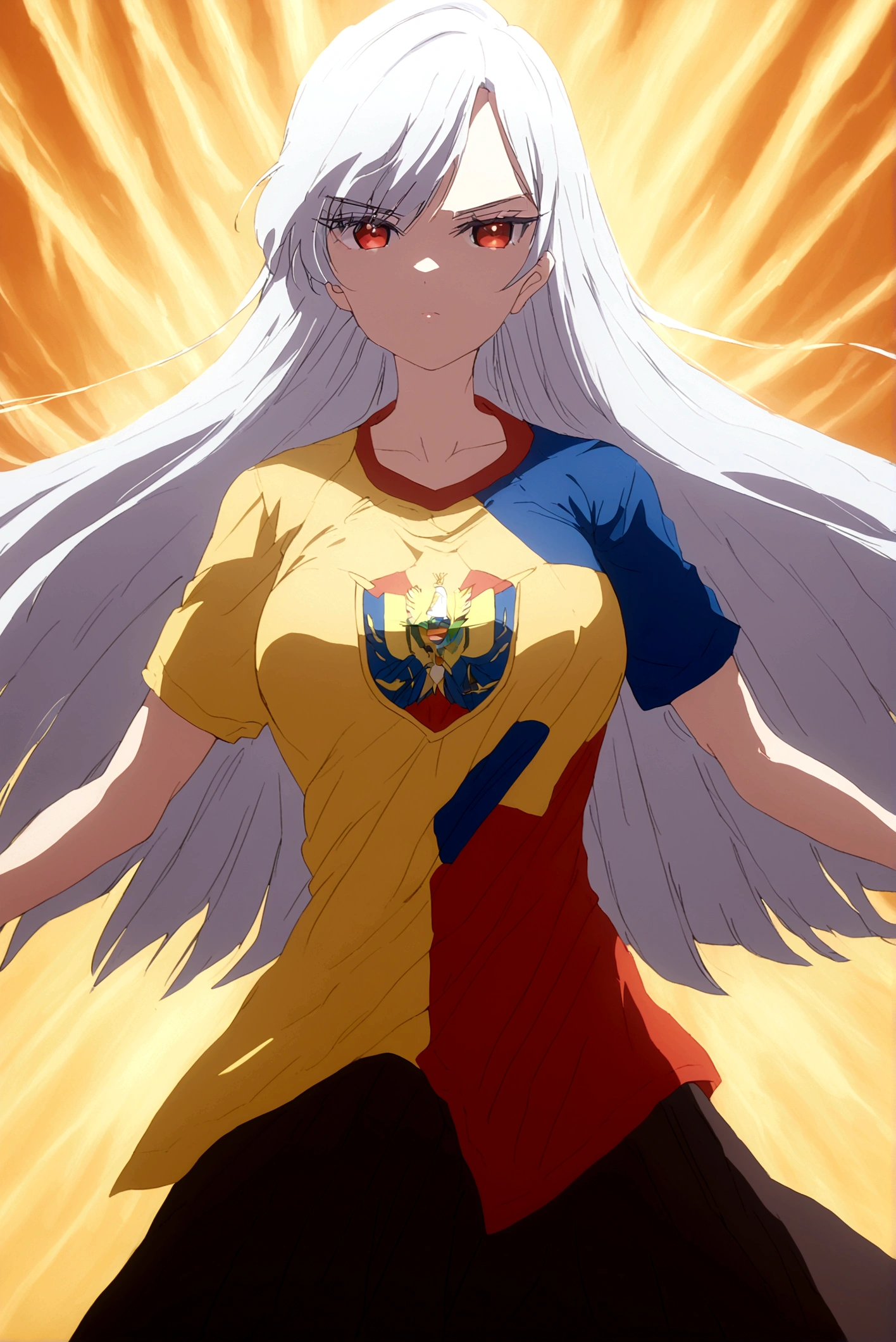 white hair girl (nano) wearing the Ecuador shirt with the 3 colors yellow, blue and red in the center of the shirt the shield of Ecuador