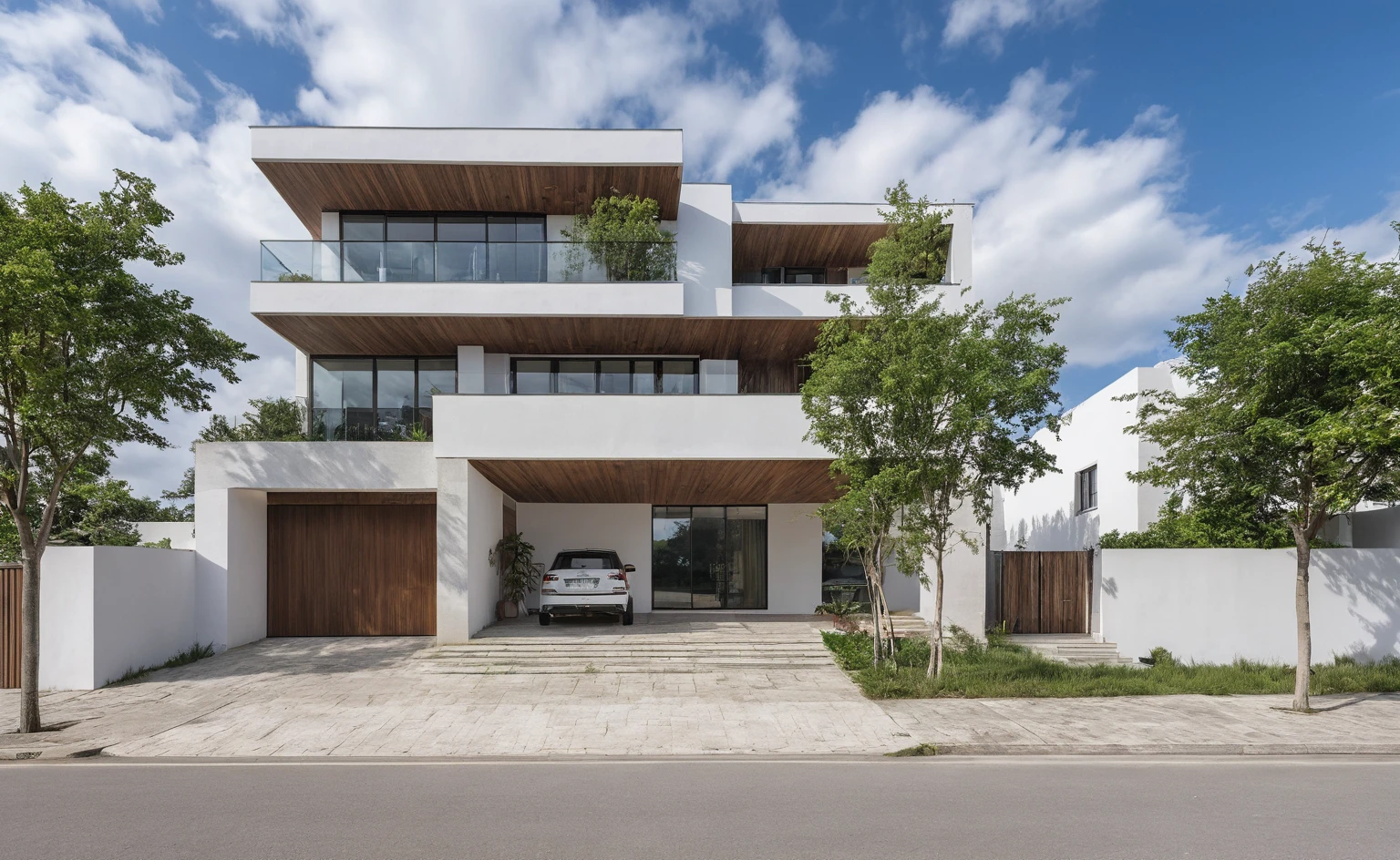 Masterpiece, high quality, best quality, authentic, super detail, outdoors, onestoreyvillaXL, aiaigroup, house style modern on the street ,stairs, white wall ,road,pavement, grass, trees, sky, cloud, (daylight:1.1)
