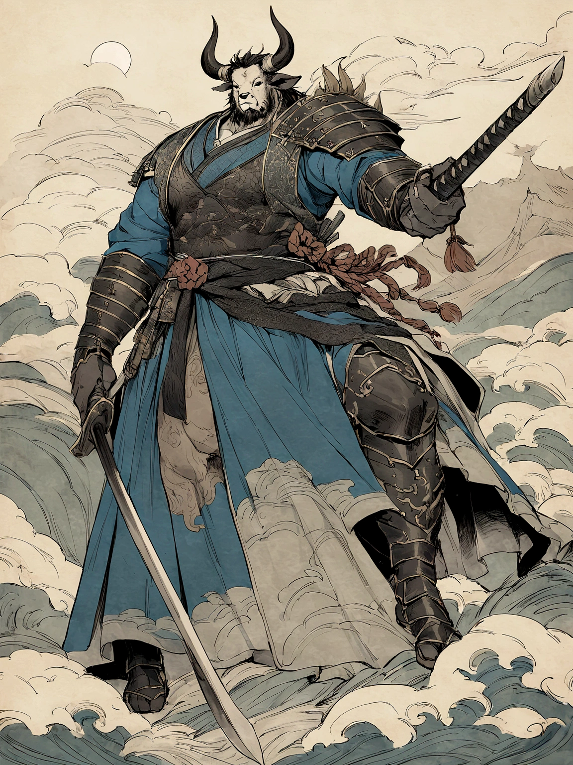 Minotaur in Greek mythology，Wearing Chinese Armor，He wears a blue robe over his Armor，Inspired by the classics of mountains and seas，cow head，cow horn，Armor，long-handled weapon，long spear，Moon Bull Samurai, Anthropomorphic samurai cow，black bull samurai，Asura in Chinese mythology