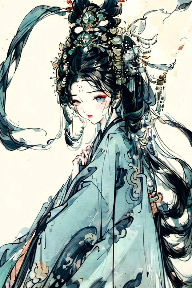 A Gongbi drawing，The picture shows a Chinese cartoon girl with black hair，Song Dynasty Style，Exquisite headdress，Cute face，A beautiful artistic illustration, Close-up of Mei Qing&#39;s detailed paintings,Ukiyo-e,Cartoon lithograph style，Extremely minimalist portrait，Rich details，Clear lines，Dark blue and light cyan，Matte light green background