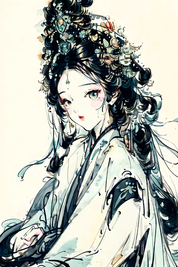 A Gongbi drawing，The picture shows a Chinese cartoon girl with black hair，Song Dynasty Style，Exquisite headdress，Cute face，A beautiful artistic illustration, Close-up of Mei Qing&#39;s detailed paintings,Ukiyo-e,Cartoon lithograph style，Extremely minimalist portrait，Rich details，Clear lines，Dark blue and light cyan，Matte light green background