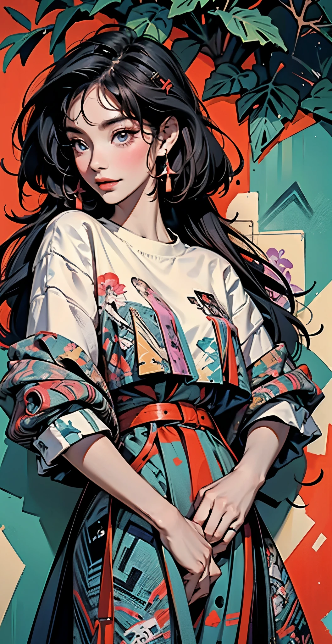 Flat Illustration artwork, ((Angelababy)) in a dress standing in front of simple background, up close, ((Art style by Patrick Nagel)), ((8k, wallpaper, detailed)), dark sunglasses, korean pop-star, big smile, black hair, pretty hands, fringe, simple red background, palm trees, (graffiti wall:1.2), strong, courageous, art by Patrick Nagel, music album art cover