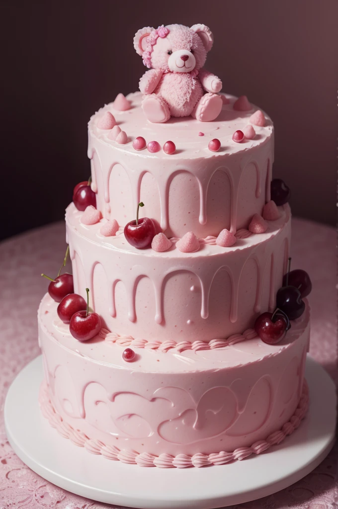 pink jelly bear,6k,UHD,HDR,professional lighting, 64k wallpaper, vivid colors, User information, photo of musse jelly in pink tones with fruit decoration and a pink bear with a cherry on top, beautiful cake texture, realist, super detailed,food photography,high quality, Masterpiece, intricate, HDR bear shape