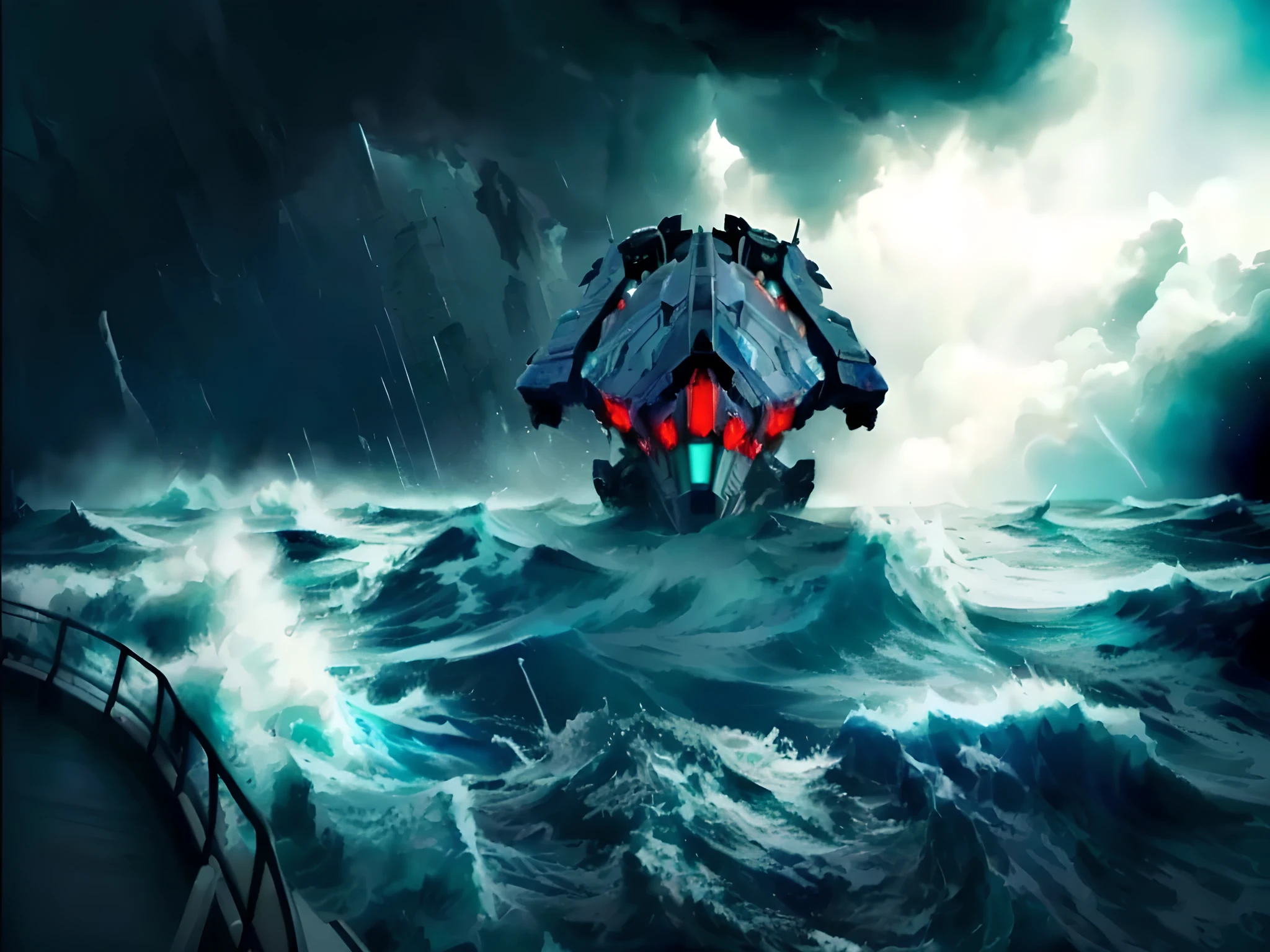 there is a large boat in the middle of a stormy ocean, from pacific rim, a ship lost in a storm, dread scary spaceship, broken ruin pacific rim jaeger, spaceship sank, cherenkov radiation, pacific rim jaeger, fan art, concept artwork, scylla and charybdis, stylised storm, alien ship wreck