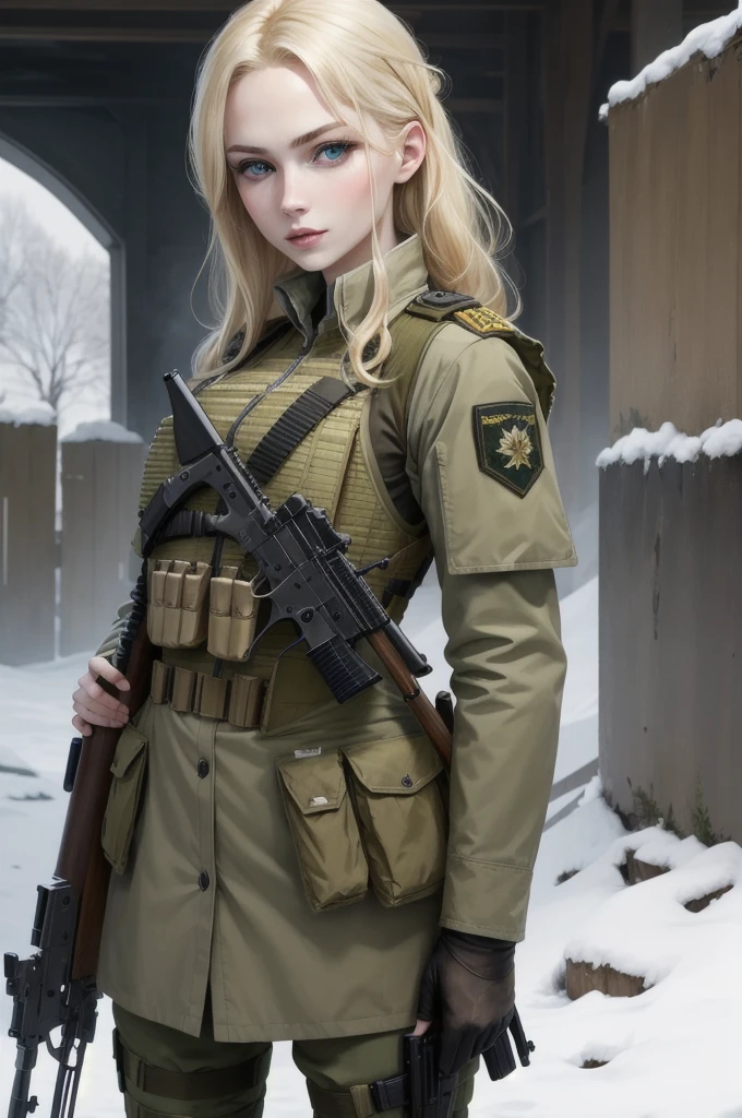 HD quality, blonde woman, russian traits, green eyes, attractive face, pale skin, military uniform, bulletproof vest, rifle in hand