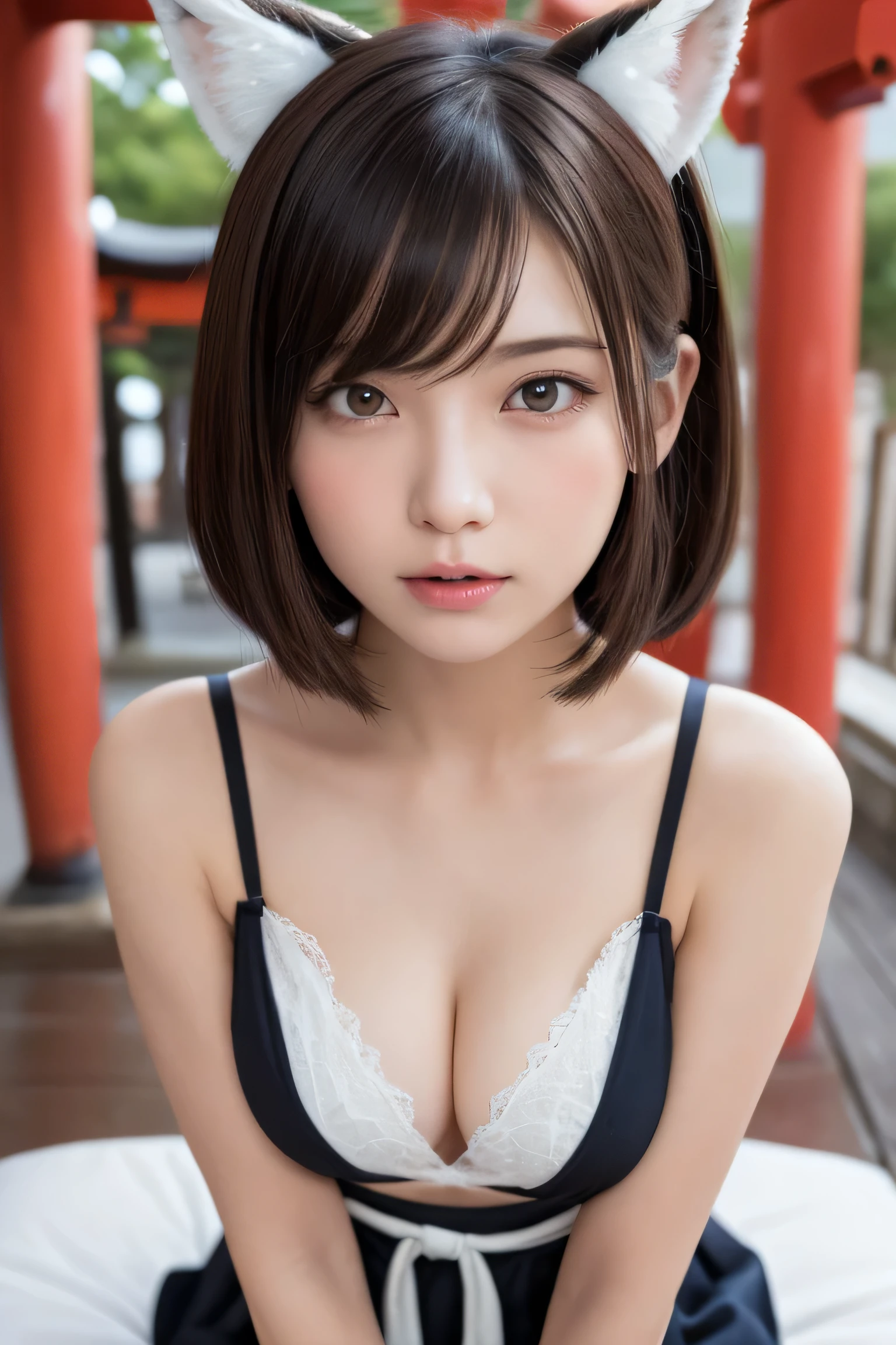 one girl, (a beauty girl, delicate girl:1.3), (:1.3),
break, (shrine maiden costume:1.3), (fox ears:1.3), ((fox tail:1.3)), zoom in face,
break, very fine eye definition, (symmetrical eyes:1.3),
break, (inari shrine:1.3), (torii:1.3),
break, small breasts, brown eyes, parted bangs, brown hair, girl,
break, (eyes and faces with detailed:1.0),
break, (masterpiece, best quality, ultra detailed, detailed face, 8k), A stunning digital illustration of a young tifa Lockhart, glamorous female nun, elegantly portrayed, 3D style. Her modern and fashionable outfit, nude, side portrait, looking at viewer, medium breasts, white skin, perfect breasts, small pink nipples, hips, (thin:1.3), flat tummy, on bed, crawling towards viewer, (young:1.2), mouth slightly open, masturbating, fingering, leaking pussy, close up vagina