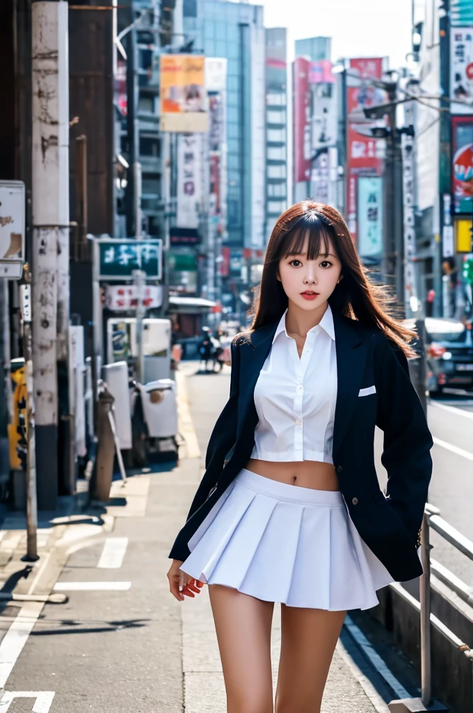 a 17 year old girl, she is the most beautiful actress in the world, the perfect body proportions of this girl, the skin of her upper body is 100% covered by shirt under blazer that is formally buttoned up on her waist, the panties between her bare legs are hardly covered by short skirt, only, she is standing at the city street, only one description of one body, it's from right above her head to right below her knees are within frame, all her body is looking forward to viewer, nsfw, best quality, highly detailed, masterpiece, ultra high res, photo realistic, 8k, RAW photo, japanese