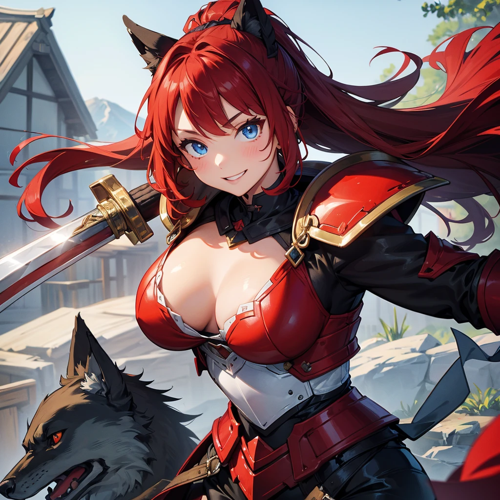 （masterpiece）、18-year-old beauty girl knight in red armor、Red hair in a ponytail、blue eyes、An inappropriate smile、Holding a Japanese sword、With a big wolf by her side