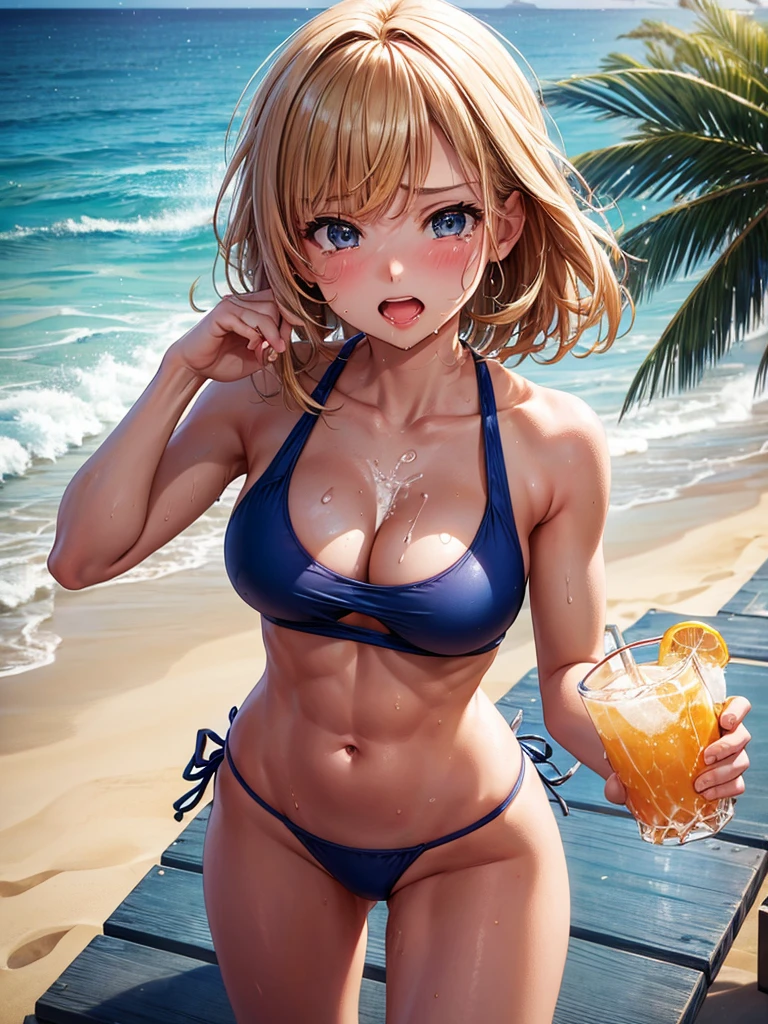 Highest quality,Highest Resolution,Ocean,Sandy Beach,Beach,A beautiful girl in a swimsuit with a crying face,sunny,Open your mouth wide and drool,Tears,Sweat profusely,Abdominal muscles,Muscular,(((Drink a drink))),High leg,Big Breasts,