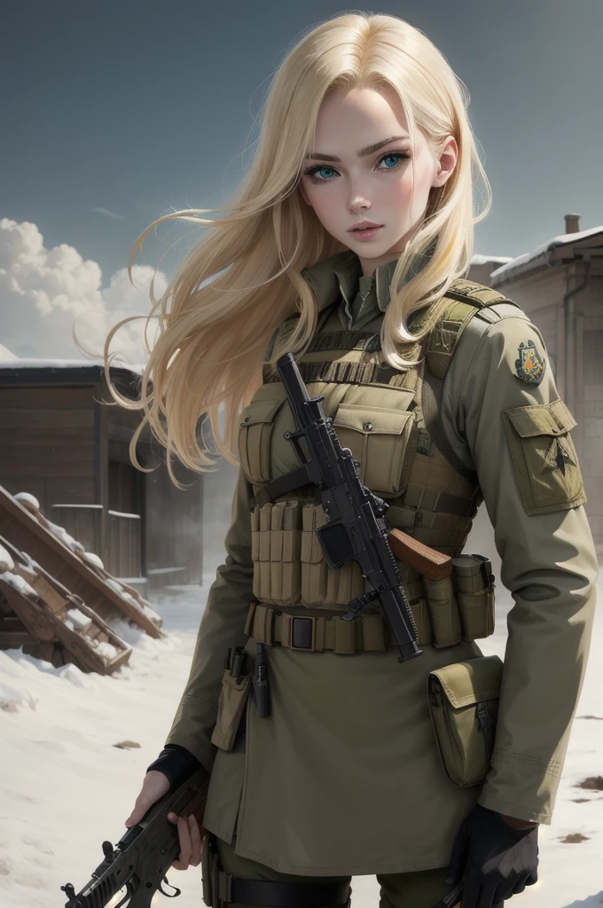 HD quality, blonde woman, russian traits, green eyes, attractive face, pale skin, military uniform, bulletproof vest, rifle in hand
