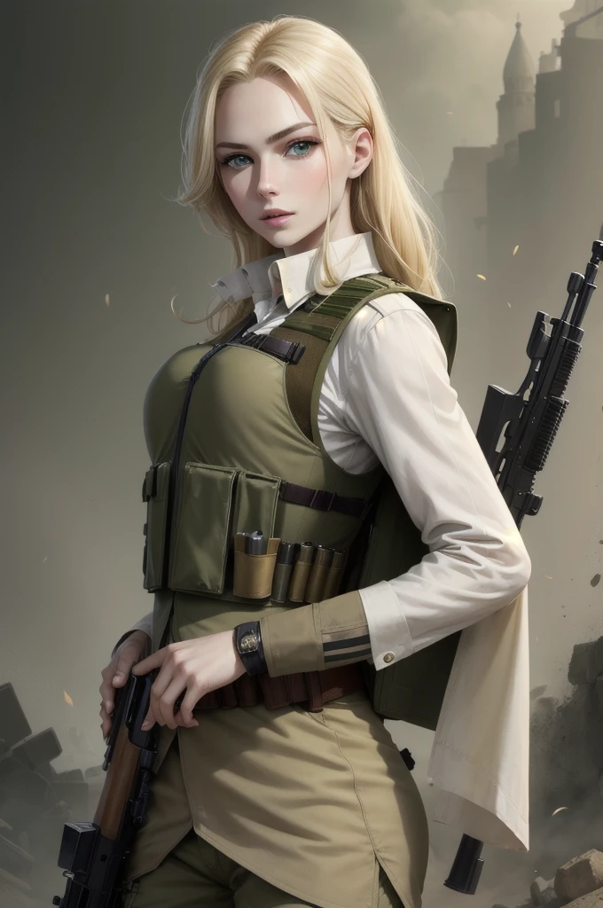 HD quality, blonde woman, russian traits, green eyes, attractive face, pale skin, military uniform, bulletproof vest, rifle in hand
