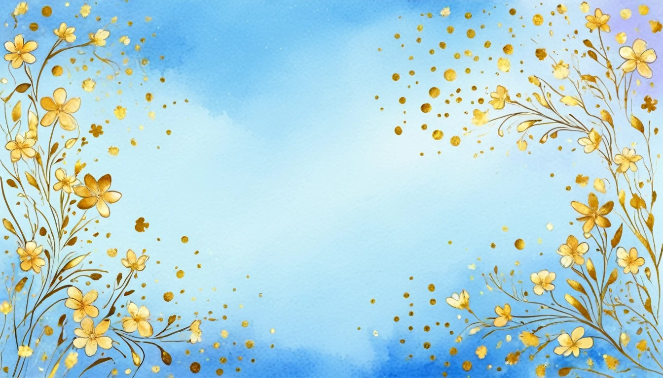 there is a painting of flowers on a blue background, dreamy floral background, chaotic gold leaf flowers, floral painted backdrop, watercolor background, pastel flowery background, amber and blue color scheme, background art, stylishly designed background, watercolor style, flower background, watercolor illustration style, stylized background, flowers and gold, sparkling petals, background natural flower