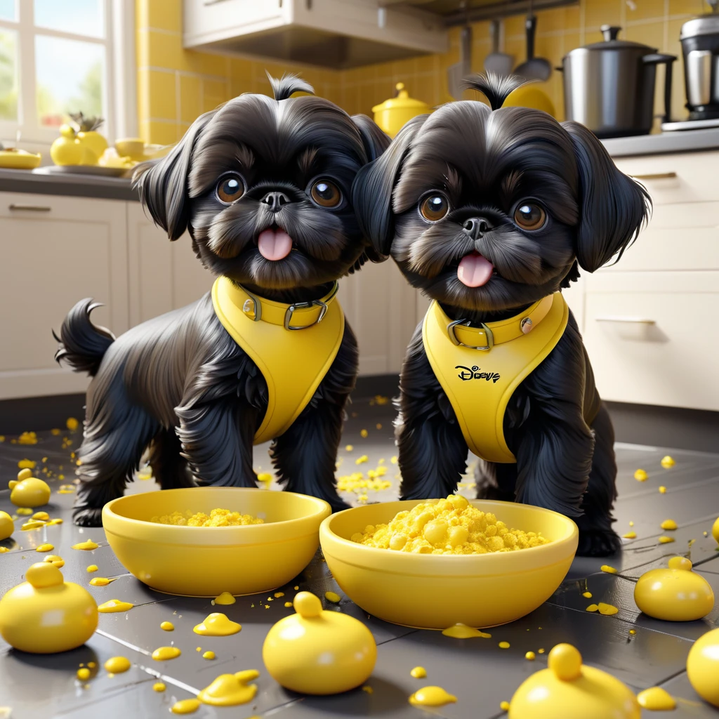 2 Adorable small black Shih Tzu puppies wearing yelow collars playing with food making a mess in Disney kitchen 3d cartoon, 3d render, disney pixar style