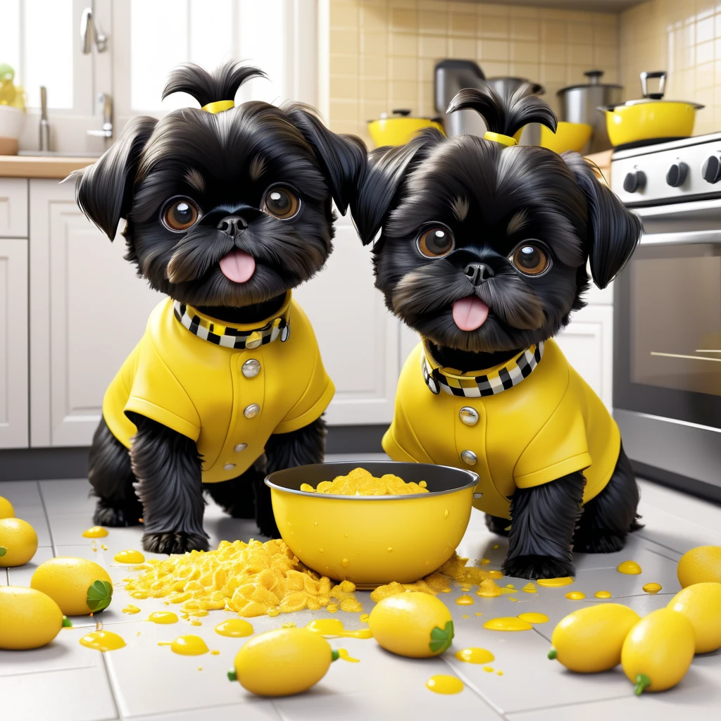 2 Adorable small black Shih Tzu puppies wearing yelow collars playing with food making a mess in Disney kitchen 3d cartoon, 3d render, disney pixar style