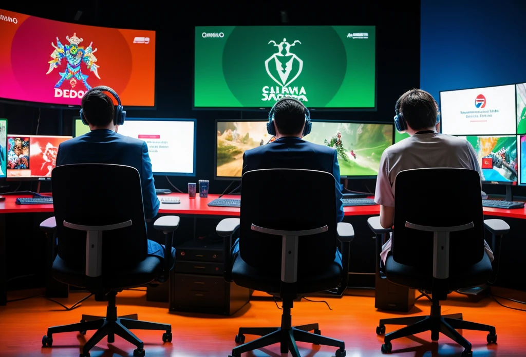 two men in full body sitting dressed as doctors in chairs gamers playing video games on their computers gamers, that images of the Dota 2 game can be seen on the monitors , with bright background colors and illuminated, I want you to see the computers , with a panoramic view from behind Minimum image size: 1280x700px