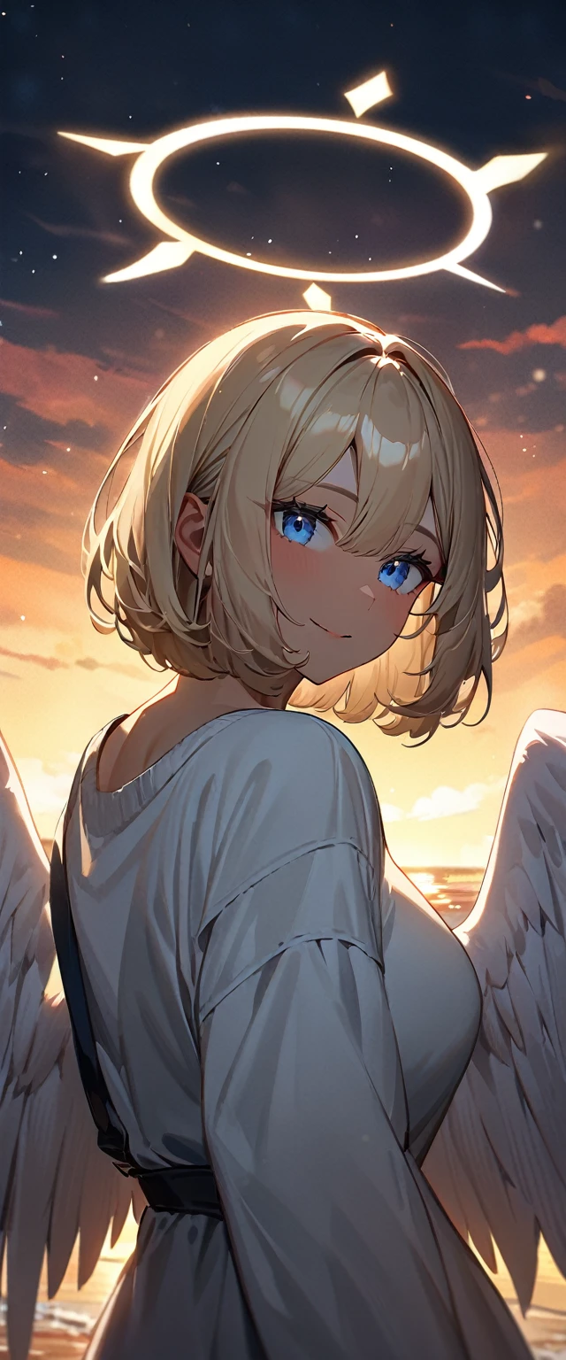 (((One girl))), full wing, ((tanned skin)), flying in the sky, upper body, ((angel, big big white wings:1.2, halo:1.3)), ((wavy hair)), evening, Sunset, sea, beach, ((blond hair, bob cut:1.3)), big breasts, ager, (looking at viewer), oversized clothes, puffy long sleeves, collarbone, ((off-shoulder sweater dress:1.3, Quite thick shoulder straps)), (((sleeves past wrists:1.3))), ((white sweater)), collarbone, head tilt:1.3, (((blue eye))), ((happy smile)), (((anime style))), (best quality, 4K, 8K, highres, masterpiece:1.2, ultra-detailed, ultra-detailed eyes, HDR, uhd, studio lighting, ultra-fine painting, sharp focus, physically-based rendering, extreme detail description, professional, vivid colors, bokeh), ((Highest quality, Best image quality, Ultra-high resolution, Ultra-high resolution, solo, Strong eye highlights)), Depth of written boundary, Natural soft light, attractive, Beautiful Face, Cleanliness, Pure Face, medium chest, Beautiful Face, Perfect Fingers, Perfect hands, Perfect body, Perfect Face, Shine a light into your eyes, Perfect Anatomy