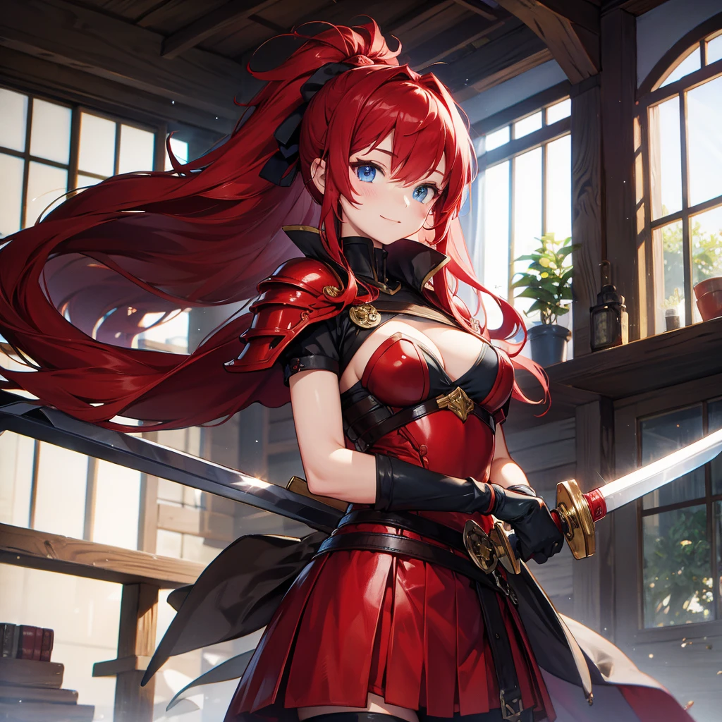 （masterpiece）、18-year-old beauty girl knight in red armor、Red hair in a ponytail、blue eyes、An inappropriate smile、Holding a Japanese sword、With a big wolf by her side