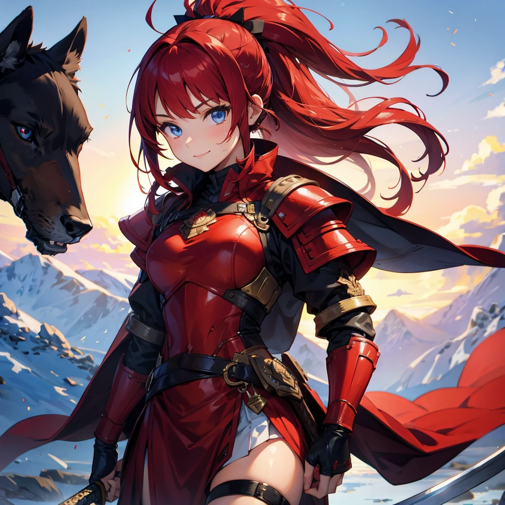 (masterpiece)、18-year-old beauty girl knight in red armor、Red hair in a ponytail、blue eyes、An inappropriate smile、Holding a Japanese sword、With a big wolf by her side