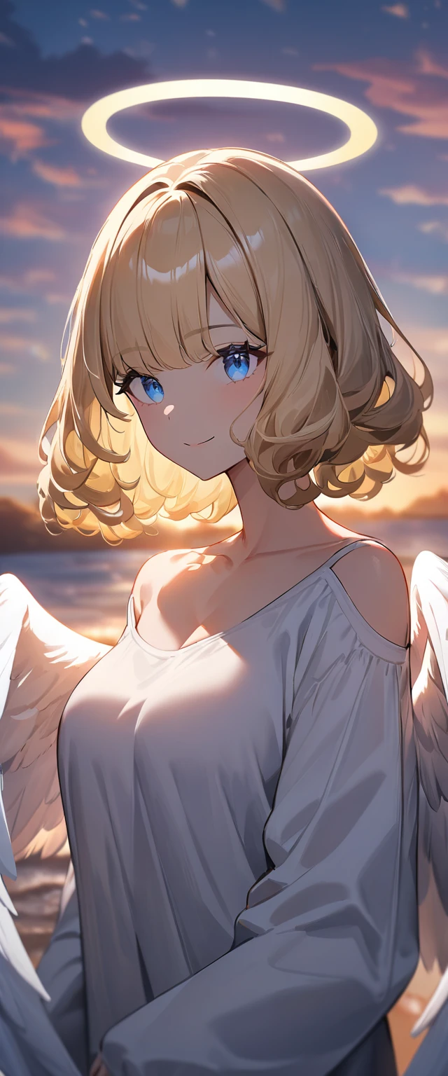 (((One girl))), full wing, flying in the sky, upper body, ((angel, big big white wings:1.2, halo:1.3)), Uriel, ((wavy hair, outward curled hair)), evening, Sunset, sea, beach, ((blond hair, bob cut:1.3)), big breasts, teenager, (looking at viewer), oversized clothes, puffy long sleeves, collarbone, ((off-shoulder sweater dress:1.3, Quite thick shoulder straps)), (((sleeves past wrists:1.3))), ((white sweater)), collarbone, head tilt:1.3, (((blue eye))), ((happy smile)), (((anime style))), (best quality, 4K, 8K, highres, masterpiece:1.2, ultra-detailed, ultra-detailed eyes, HDR, uhd, studio lighting, ultra-fine painting, sharp focus, physically-based rendering, extreme detail description, professional, vivid colors, bokeh), ((Highest quality, Best image quality, Ultra-high resolution, Ultra-high resolution, solo, Strong eye highlights)), Depth of written boundary, Natural soft light, attractive, Beautiful Face, Cleanliness, Pure Face, medium chest, Beautiful Face, Perfect Fingers, Perfect hands, Perfect body, Perfect Face, Shine a light into your eyes, Perfect Anatomy