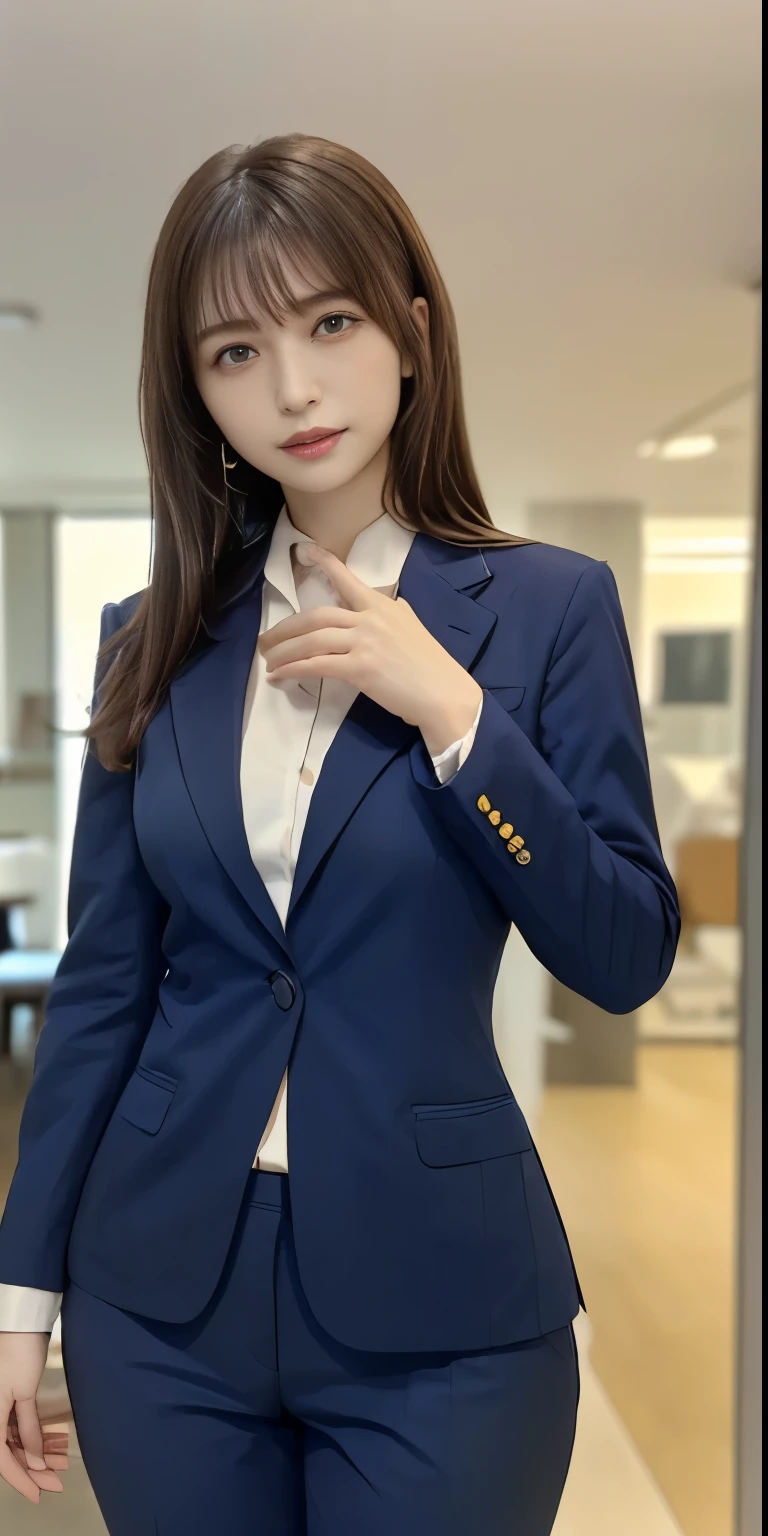 best masterpiece、Highest quality、shape、Very detailed、High resolution、8K wallpaper、Perfect dynamic shape、Beautiful and detailed、Natural color lip, Random Sexy pose,A very kind smile、17-year-old girl、cute、expensive、(Highest quality:1.3)、(masterpiece:1.3)、(The Very detailed手の指:1.3)、(wallpaper, One Girl:1.1)、(Delicate hands and fingers:1.2)、(Detailed super oily shiny skin:1.1)、Beautiful and lustrous thighs、(Sexy navy blue office suit style:1.7)、(Large saggy and firm breasts:1.4)、slender body shape、Brown hair head、(Stable expression:1.5)、((Random hairstyles for medium length hair:1.3))、Beautiful sister、(Model standing pose in front:1.4)、Sexy pose、(((modern office building background:1.6)))、((Very firm big ass:1.1))、(Beautiful double eyelids:1.3)、Looking at the camera、Pelvic expanse、Perfect lighting、Depict the whole body