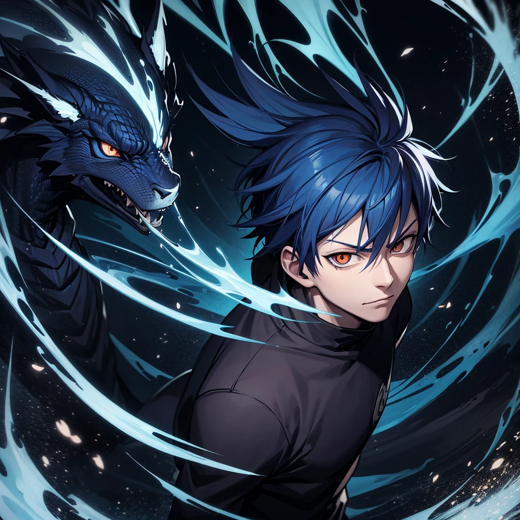 one japanese man, blue hair, orange eyes, high res, masterpiece, ultrasharp, jujustu kaisan style, jujutsu kaisen background, with a dragon