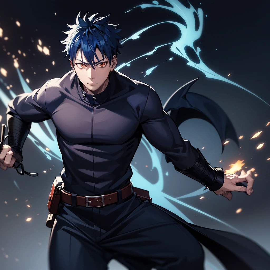 one japanese man, blue hair, orange eyes, high res, masterpiece, ultrasharp, jujustu kaisan style, jujutsu kaisen background, with a dragon