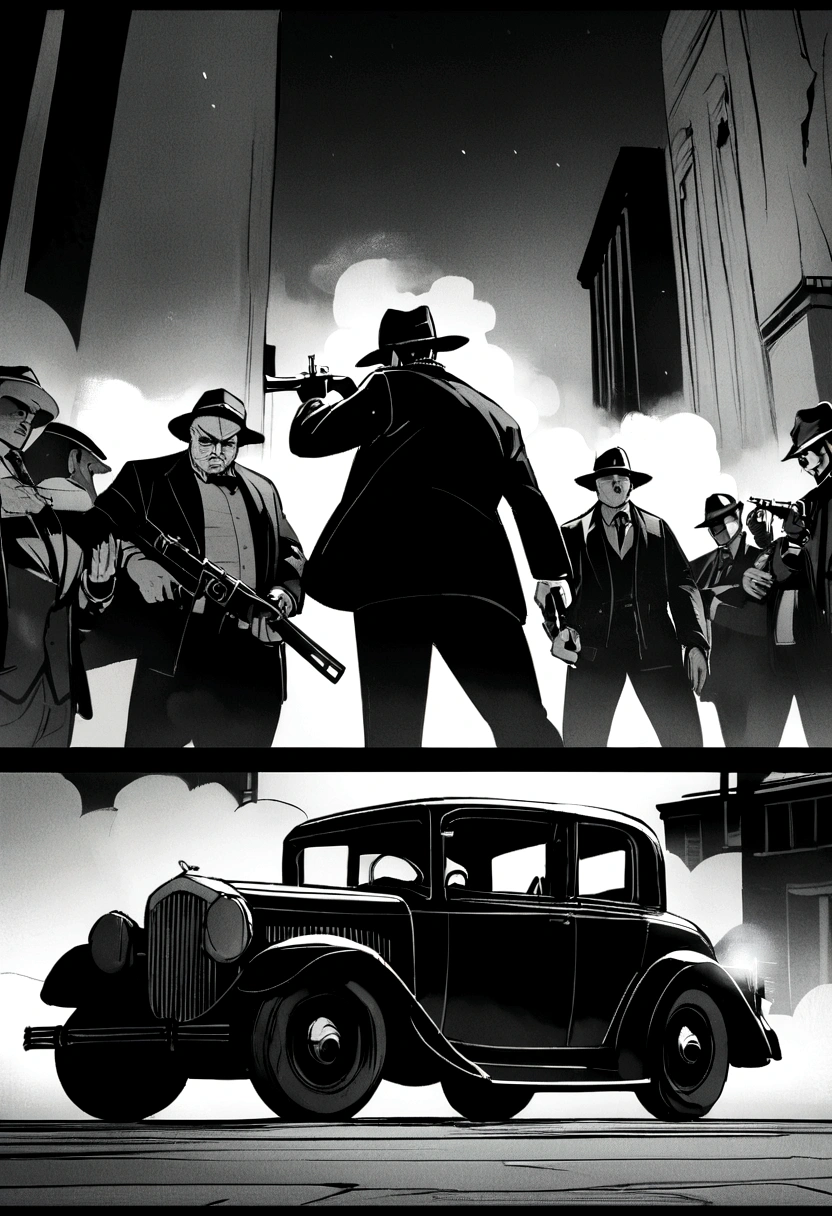 best qualityer, high resolution), ((cinematic quality) Gangsters, Five men armed with Thompson submachine guns, Chicago streets, bank robbery, central bank of chicago, old car, cigar smoke, sharp suit, fedora hat, intense gaze, explosion in the background, dramatic lighting, monochrome, film noir style, crime boss, mysterious atmosphere, suspense dinner, menacing look