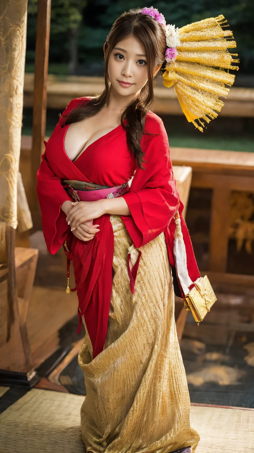 (Surreal), (High resolution), (8K), (Very detailed), (Best illustrations), (Beautifully detailed and sparkling eyes), (Highest quality), (Very detailedな), (masterpiece), (wallpaper), (Detailed face), (Beautiful smile)、(Beautiful expression)、alone、Sexy pose、(((Big Breasts)))、Sculpture model、Sexy looks that seduce men、Looking into the camera、(((Black Hair)))、((Glamorous Body))、(((Kyoto、kimono)))