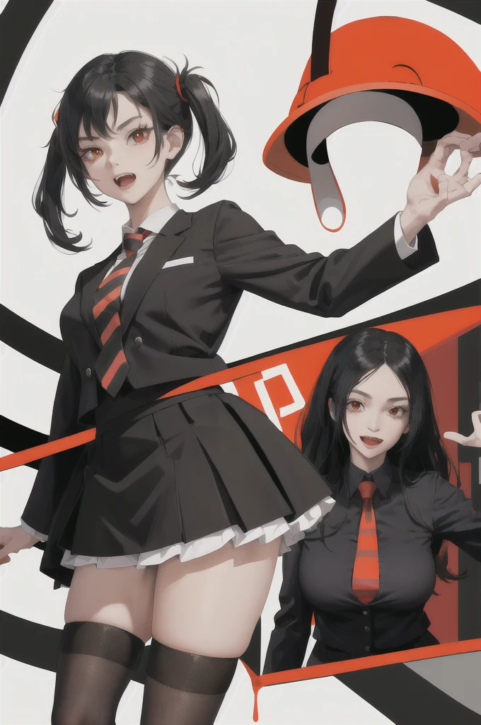 absurdres, best quality, 1girl, solo, looking at viewer, eye focus,  LucoaDM, CasualCL, long straight orange and black hair,red eyes,red and black striped skirt,red striped tie,white uniform,black socks,fangs