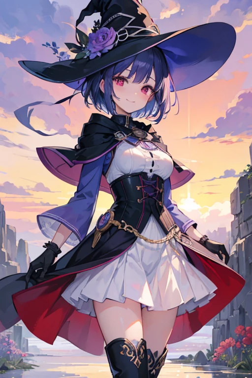 (masterpiece, best quality, very aesthetic, ultra detailed), intricate details, 1 anime girl, beautiful girl, portrait image, Low angle view. Looking over shoulder, Mage, Magic circle., Flowing cloak, tunic, gloves, skirt, corset, boots,Highly detailed face, short hair, highly detailed red eyes, Open field of flowers, Blurred background. Sunset, Natural light enhancing contours of her body., Sunrise, Sky is gradient blue and purple, Smile, Clouds. Witch hat, Hand behind back.