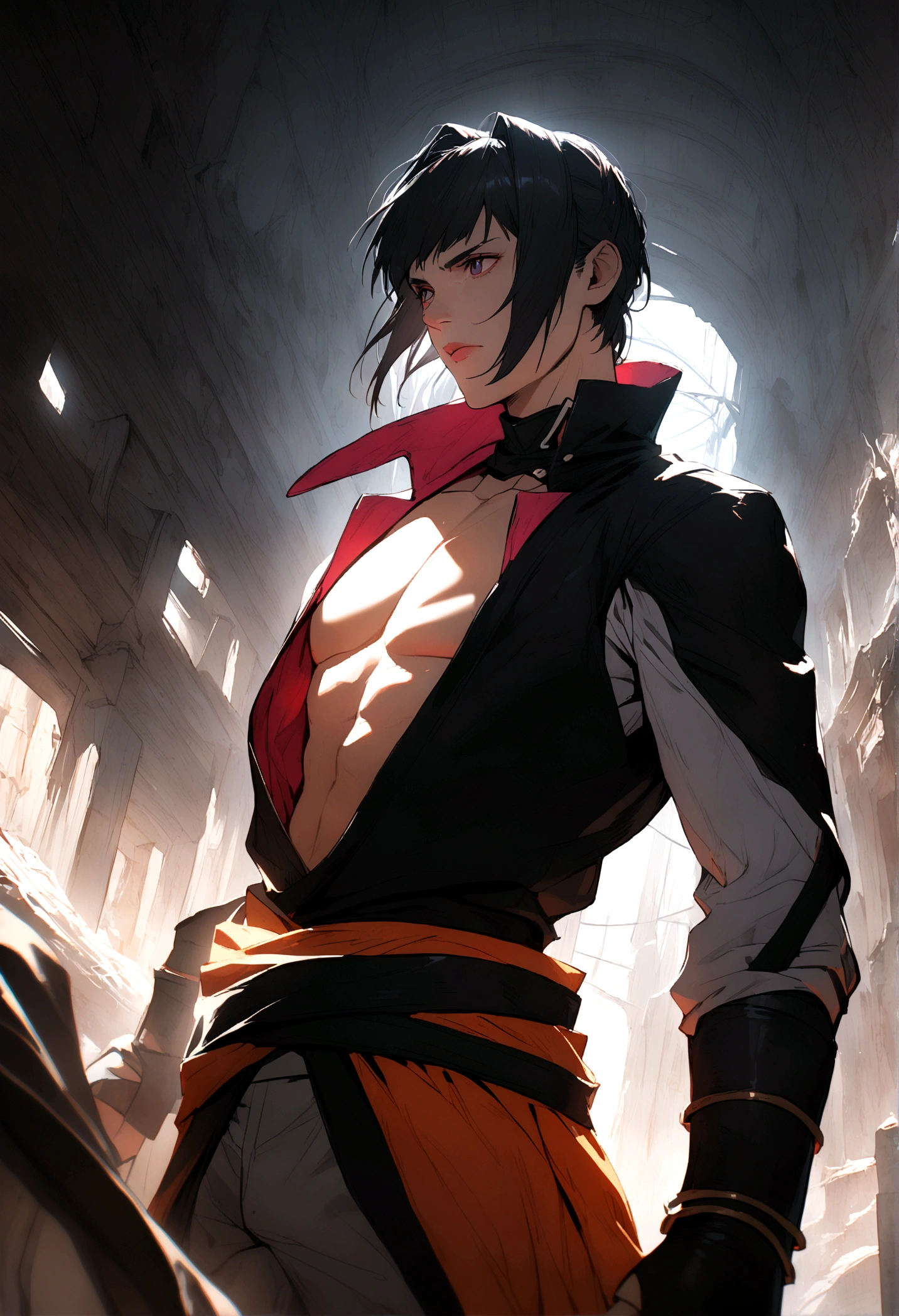 1 boy,,handsome,,Muscular,,twink,,big amrs,,,,students,,black hair,, with white strands,,red eyes,,lookinng seductively,,wearing a uniform,,juicy neck,, smooth skin,,long lashes,, pretty boy esthetic,, Red inviroment,,, 3/4 face viewA handsome boy with charming black hair and white strands, red eyes looking seductively, wearing a , with a juicy neck, smooth skin, and long lashes, in a red environment, half body, 3/4 face view, (best quality,4k,8k,highres,masterpiece:1.2),ultra-detailed,(realistic,photorealistic,photo-realistic:1.37),HDR,UHD,studio lighting,ultra-fine painting,sharp focus,physically-based rendering,extreme detail description,professional,vivid color Half body