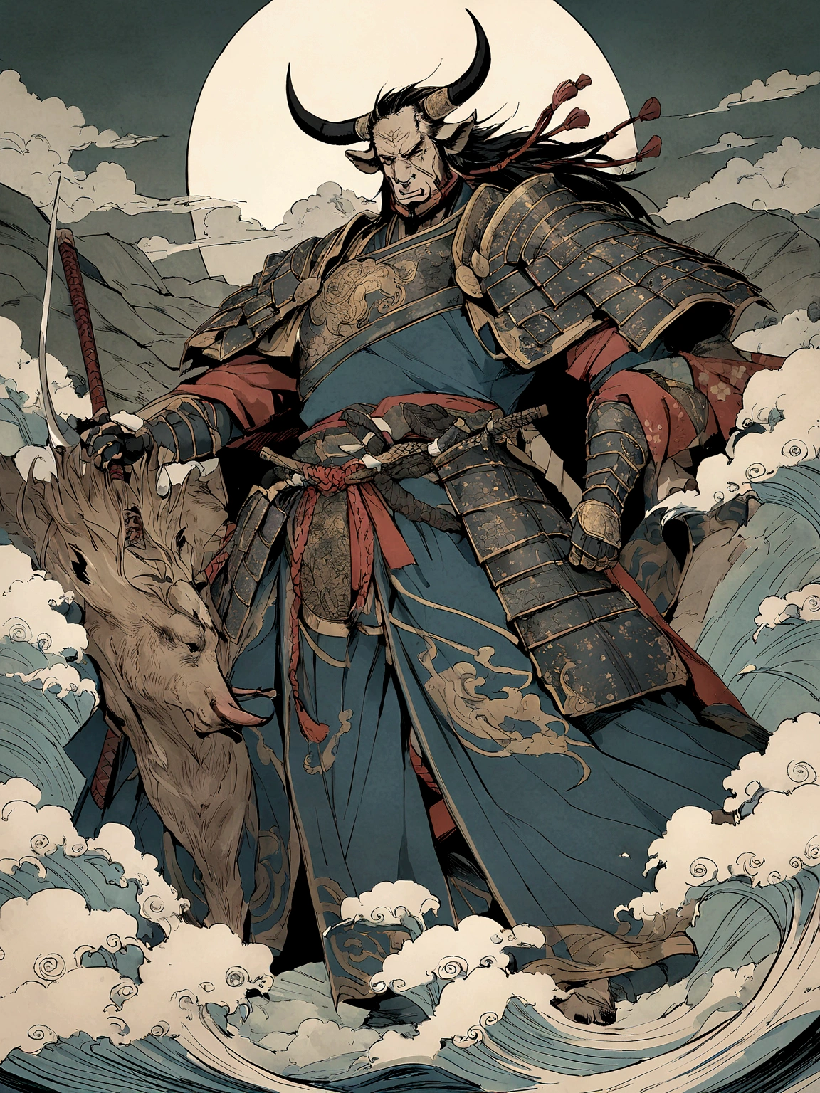 Minotaur in Greek mythology,Wearing Chinese Armor,He wears a blue robe over his Armor,Inspired by the classics of mountains and seas,cow head,cow horn,Armor,long-handled weapon,long spear,Moon Bull Samurai, Anthropomorphic samurai cow,black bull samurai,Asura in Chinese mythology