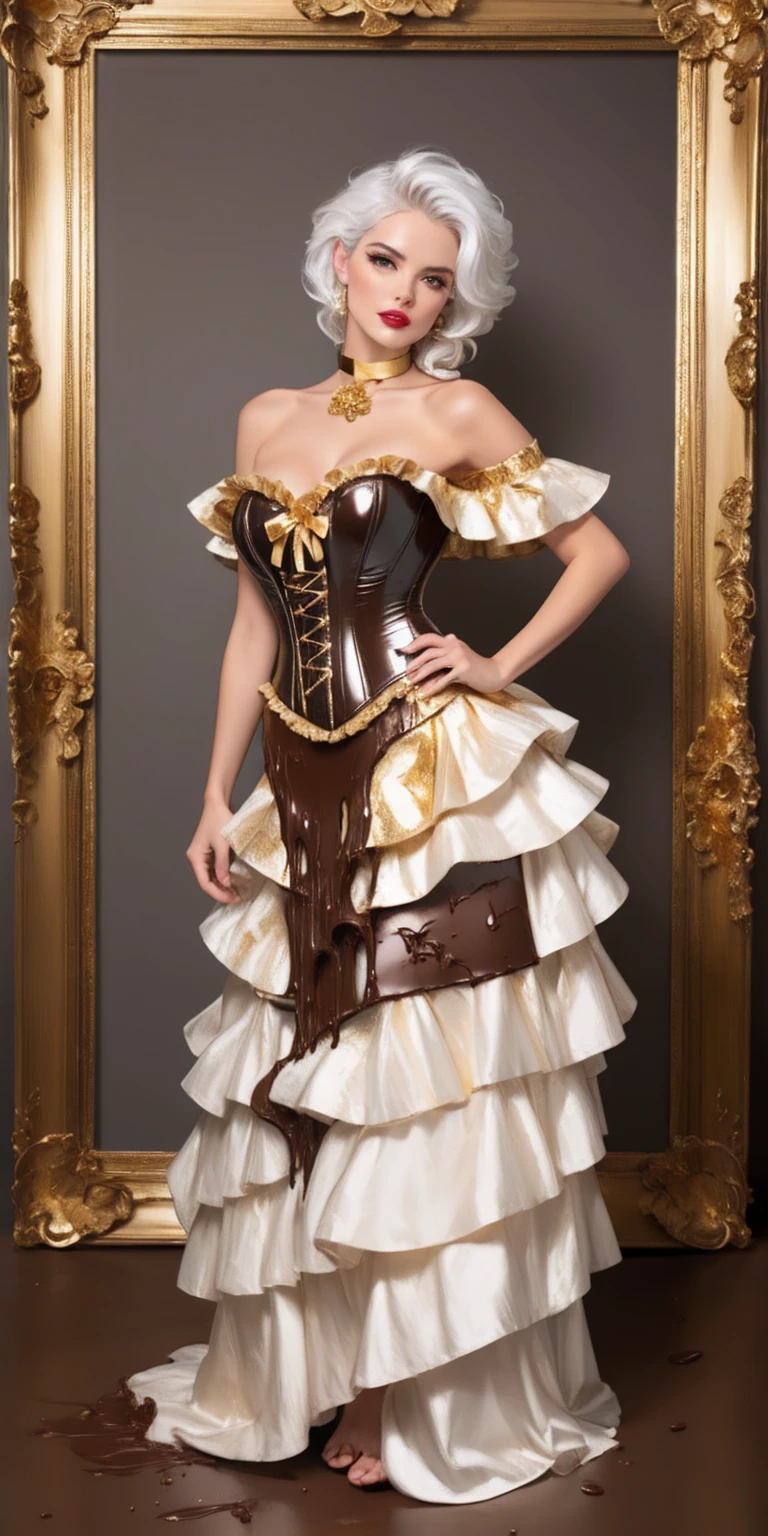 adult mature woman, beautiful, high quality, best quality, highres, high detail, dr3ss, corset, dress (crinkled gold foil:1.2) frills, ribbon ((white hair)) hair, delicious, ornate (choker) off shoulder, layered gown, rose (chocolate brown lips) hair flower, chest bow, large breasts, cleavage, breasts apart (((melted chocolate theme))) show full figure, 1solo Milf full body standing straight symmetrical, looking at viewer, hands on hips