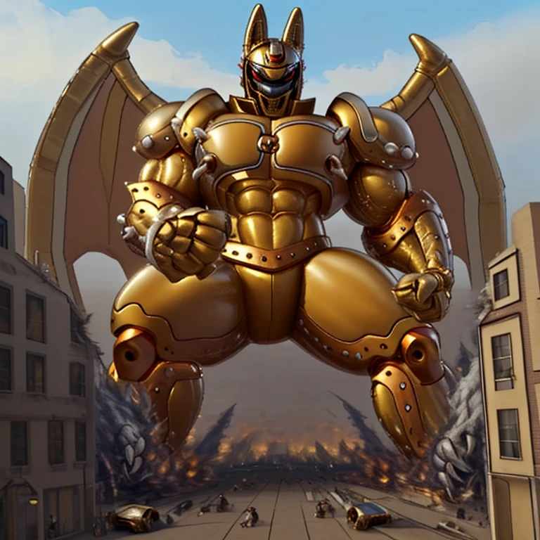 (Solo. masterpiece. official art. 8k. best quality. detailed full body. full body.)
(situation 1 : dominating Shiny_Mega_Lucario. Shiny_Mega_Lucario is over 1000 meters long. focus GIANT mechanical Muscular Shiny_Mega_Lucario is trampling the city. Looking down. macro. stomp. Low-angle perspective. emphasizing the immense size. He is much bigger than a skyscraper. Giga Giants. looking down. foot focus, (soles:1.2))

(situation 2 :smoke and flames rising from the destruction in the city)

(Additional details 1: wearing a full-face helmet. golden armor. Armored Flazzard. Armored_Flazzard. high-tech bio-mecha armor. real texture material. whole body shines like metal. Wearing cyberpunk mecha. emphasizes the muscles. suit fully made of metal. intricate armor. Robotic suit. suit fully made of metal. cyborg. He is wearing a golden cloak.).

(Additional details 2: (Detailed head. Detailed Body. Detailed abs. gigantic muscles. HYPER MUSCLES. Gigachad Muscular. big muscle. pecs. triceps. traps. unusually developed muscular body. body full of huge muscles. showing off muscles. pectorales enormes. Exaggeratedly huge muscles. huge muscles. long legs.).

(Additional details 3: Spread wings. It has wings. have big wings. The claws are sharp. Sharp teeth).