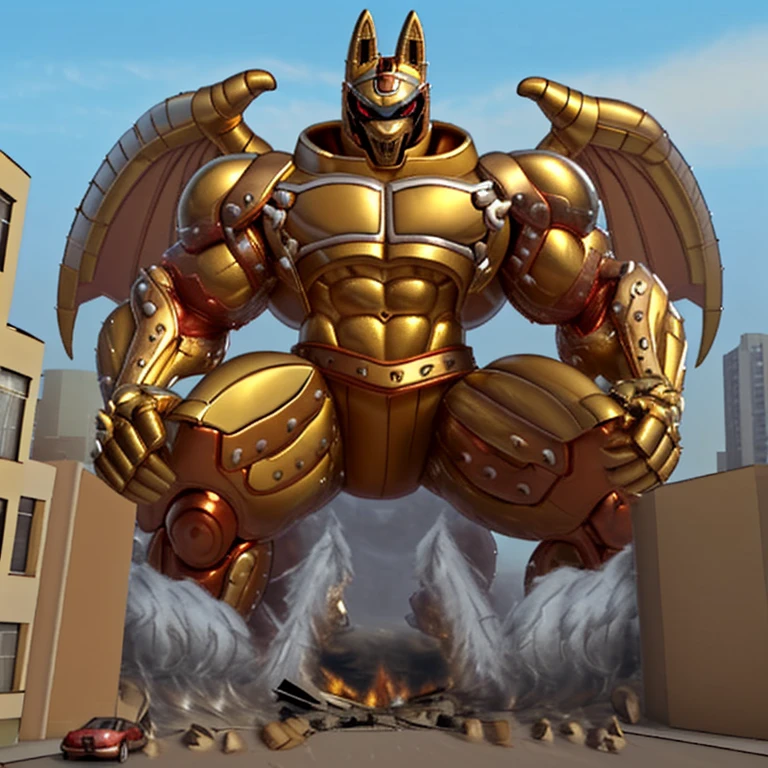 (Solo. masterpiece. official art. 8k. best quality. detailed full body. full body.)
(situation 1 : dominating Shiny_Mega_Lucario. Shiny_Mega_Lucario is over 1000 meters long. focus GIANT mechanical Muscular Shiny_Mega_Lucario is trampling the city. Looking down. macro. stomp. Low-angle perspective. emphasizing the immense size.)
(situation 2 :smoke and flames rising from the destruction in the city)
(Additional details 1: wearing a full-face helmet. golden armor. Armored Flazzard. Armored_Flazzard. high-tech bio-mecha armor. real texture material. whole body shines like metal. Wearing cyberpunk mecha. emphasizes the muscles. suit fully made of metal. intricate armor. Robotic suit. suit fully made of metal. cyborg. He is wearing a golden cloak.).
(Additional details 2: (Detailed head. Detailed Body. Detailed abs. gigantic muscles. HYPER MUSCLES. Gigachad Muscular. big muscle. pecs. triceps. traps. unusually developed muscular body. body full of huge muscles. showing off muscles. pectorales enormes. Exaggeratedly huge muscles. huge muscles. long legs.).
(Additional details 3: Spread wings. It has wings. have big wings. The claws are sharp. Sharp teeth).
(Additional details 4: golden hyper penis. hyper golden penis. big penis)
